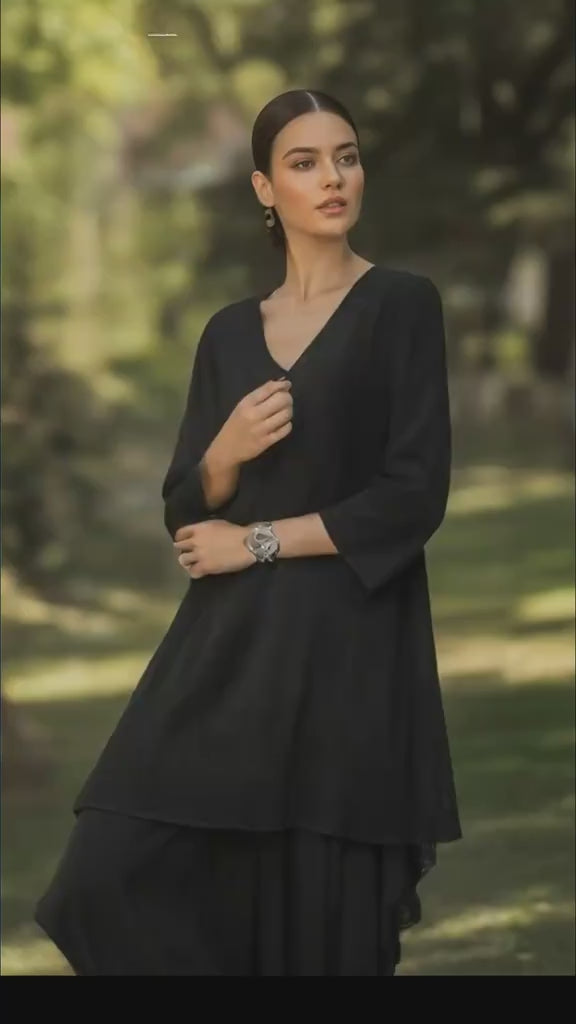 2 Pcs Black Fitting Cotton Dress of Long Kameez with Shalwar.