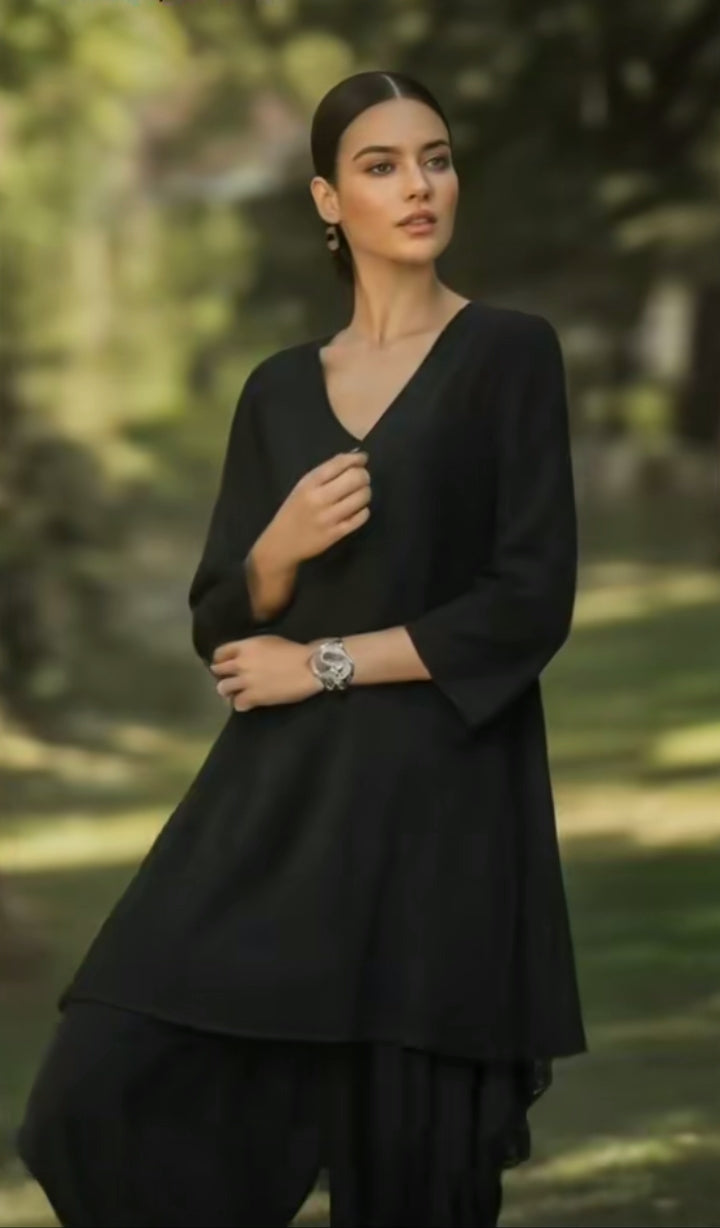 2 Pcs Black Fitting Cotton Dress of Long Kameez with Shalwar.