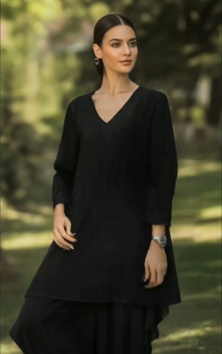 2 Pcs Black Fitting Cotton Dress of Long Kameez with Shalwar.